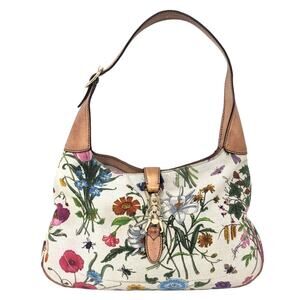 GUCCI Jackie O Flora Cream Canvas Shoulder Bag